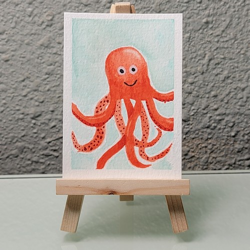 ACEO Original Watercolor Painting Hotdog Octopus Signed ATC KatieBearDesigns