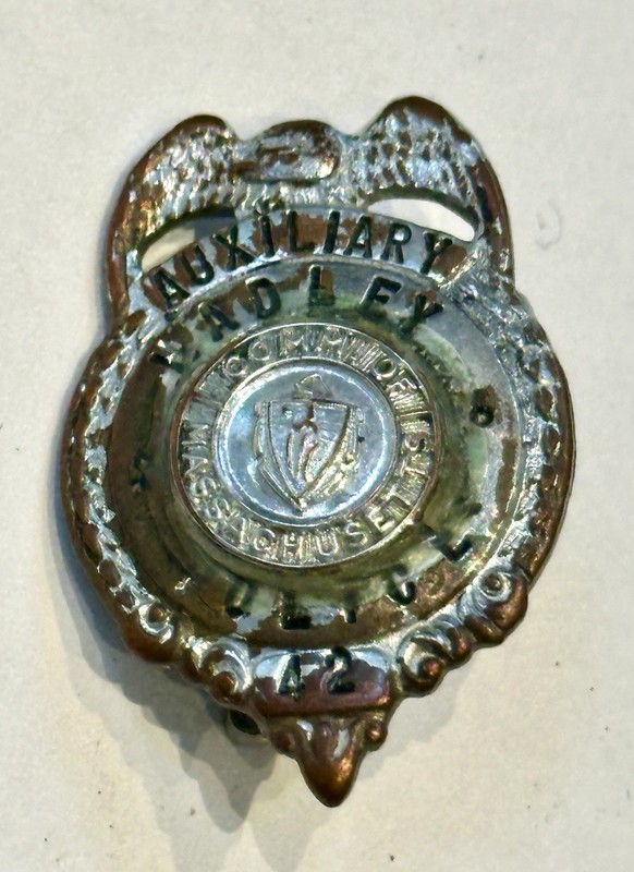 WWII Obsolete 1940s Hadley Massachusetts Auxiliary Police Badge #42