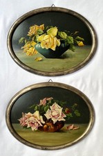 2 antike Ölgemälde auf Karton „gelbe und rosa Rosen“ oval mit Rahmen signiert SH
