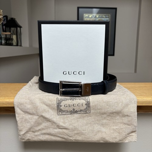 Gucci Navy Monogram Reversible Leather Belt - 80CM / 32" - $600 - New Authentic