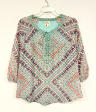 Fig Flower Women's Peasant Top Sz Medium Tile Border Semi-Sheer Chiffon Blouse