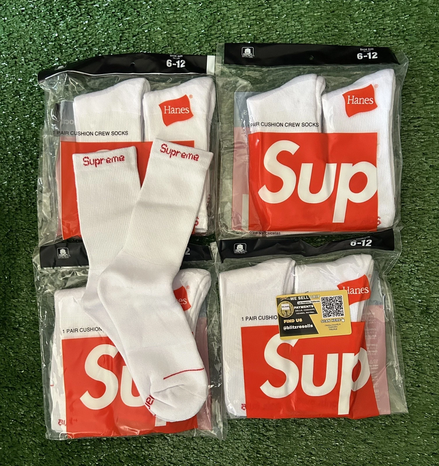 Supreme/Hanes Crew Socks Authentic White 4 Pack Size 6-12