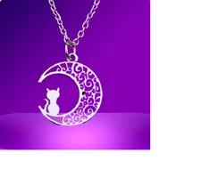 CRESCENT MOON CAT ANIMAL PET STAR Pendant 925 Sterling Silver 24" Necklace Women