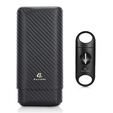 Galiner Cigar Case Travel Humidor Carbon Fiber style Wooden Cigar Box W/ Cutter