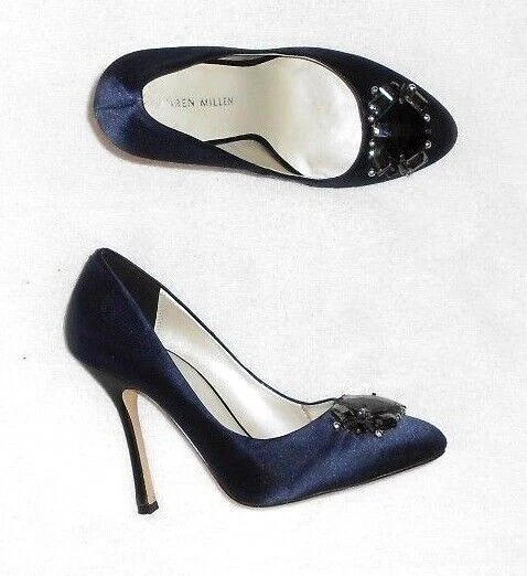 KAREN MILLEN escarpins satin bleu nuit & noir P 38 TBE - Photo 1/4