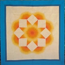Millennium Star Queen Quilt Hand Pieced Yellow, Cream, Turquoise and Teal 88x88