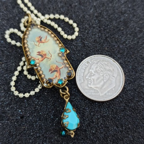 Michal Negrin Necklace Sky Blue Cupid Angels Hamsa & Swarovski Crystals Gift Box - 第 8/15 張圖片