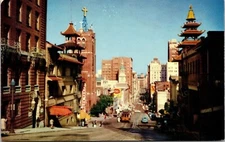 California Street Cable Cars Riding Through Scenic Chinatown Chrome Postcard UNP