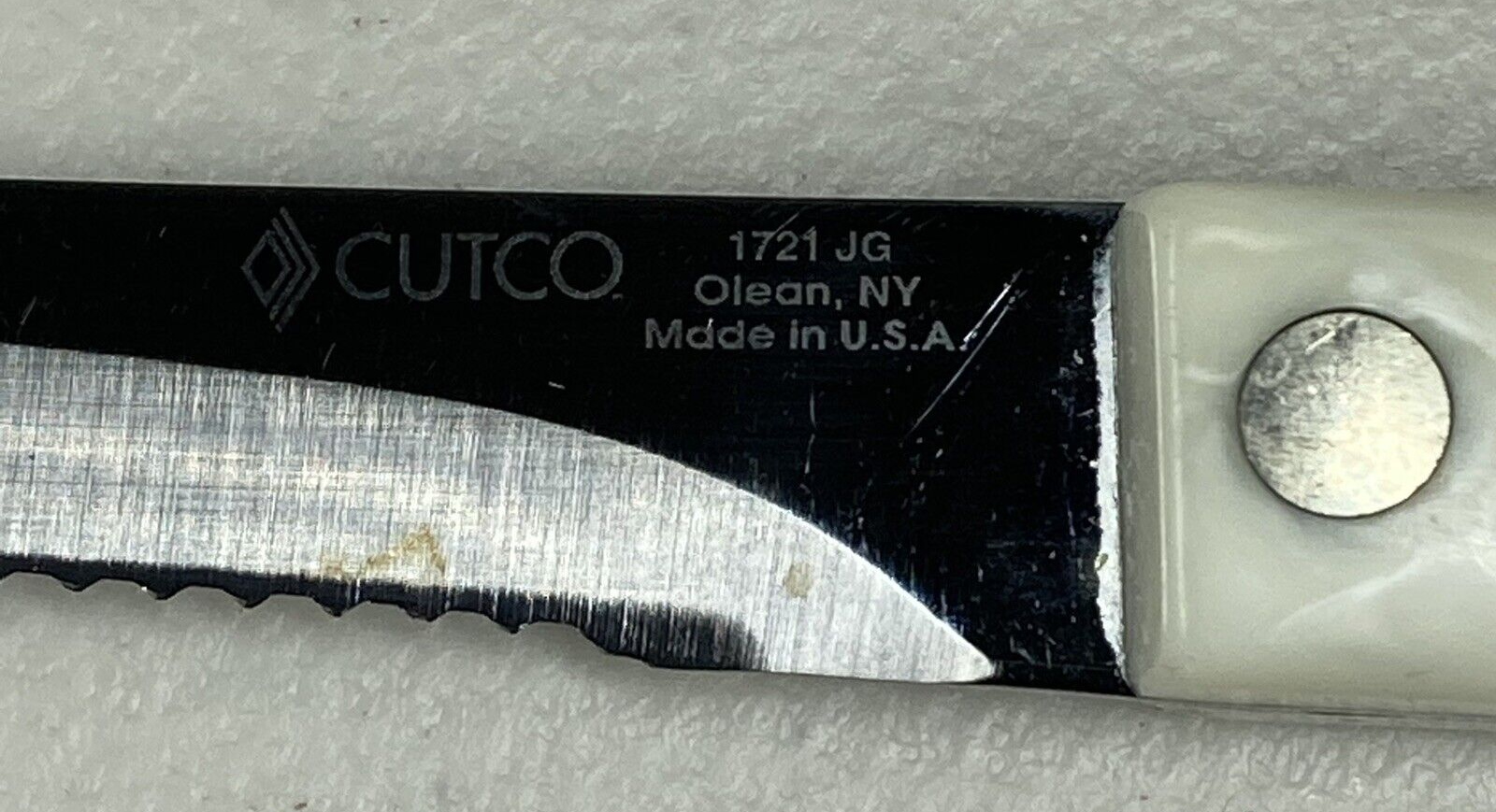 Cutco 1721 JG Pearl White Handle Serrated Trimmer Knife Olean NY Made