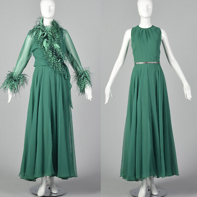 Medium Adele Simpson Elizabeth Arden 1970s Gown Vintage VTG Feather Green Dress