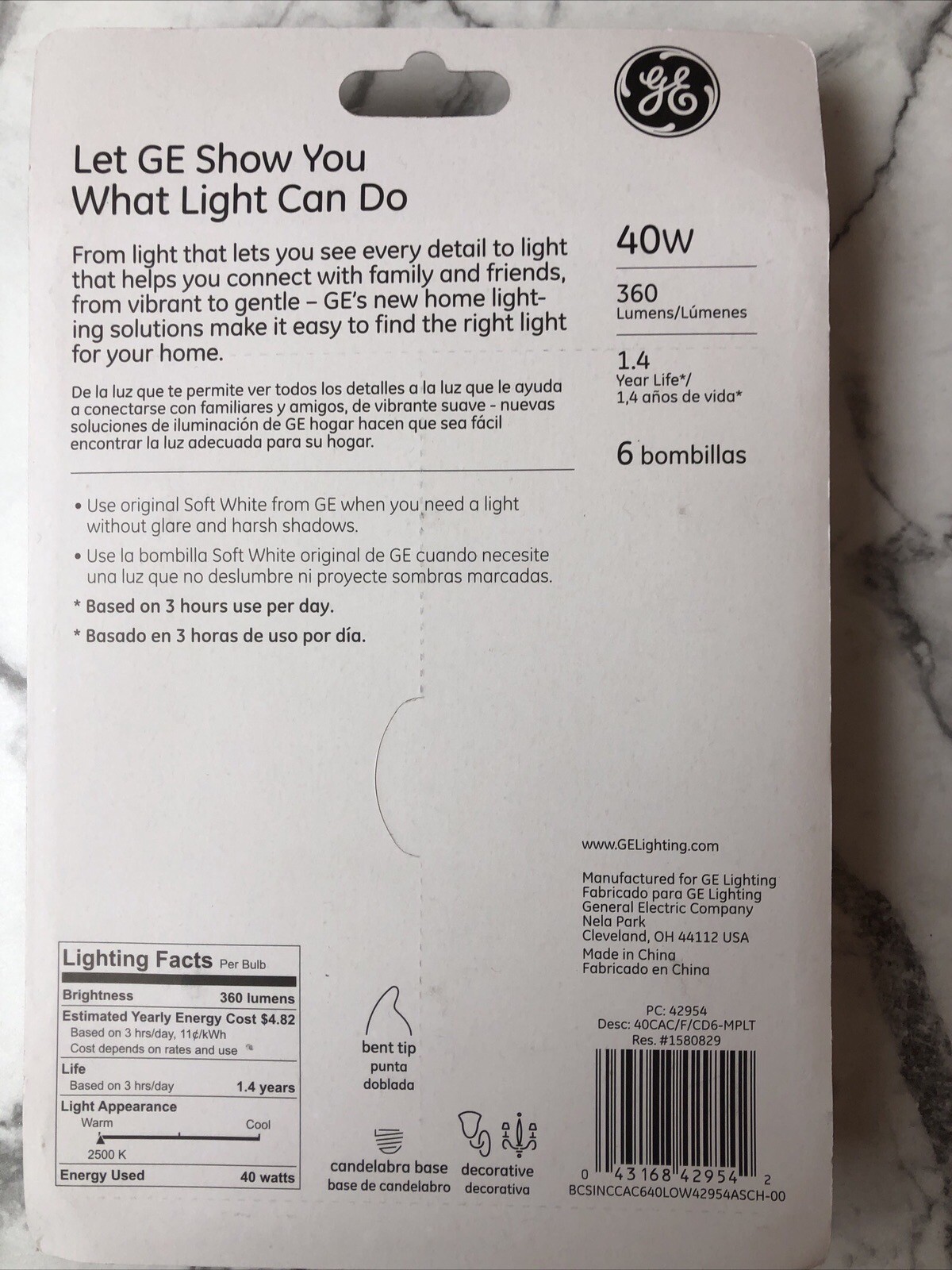 6 GE 40-Watt Soft White Bent Tip Light Bulbs With Candelabra Base New Sealed