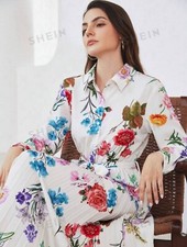 Midi Dress Long Sleeve Slim Shirt Collar Button Up Pleated Floral Print Dress