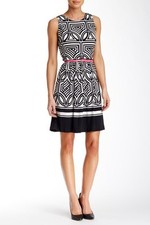 NWT Eliza J Sleeveless Geo Jersey Belted Fit & Flare Dress 10 $138