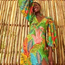 Farm Rio Forest Dream Midi Dress Size XL Tropical Colorful Vaca Boho Green Print