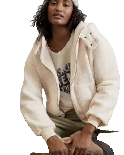 OFF WHITE Porridge Anthropologie taglia L avorio manica lunga sherpa felpa con cappuccio zip giacca