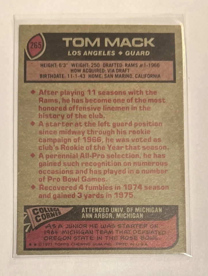 1977 Topps - #265 Tom Mack Autographed Card with HOF 99 Inscription - Image 2 of 2