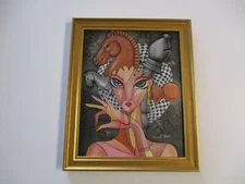 RICARDO MAYA AUTHENTIC ORIGINAL PAINTING PORTRAIT CHESS GAME HEAD WOMAN CUBISM