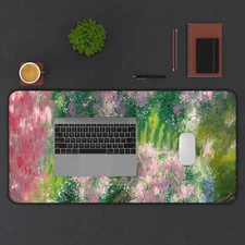 Pink Flower Botanical Garden Desk Mat, Monet Brush Stroke Painting 