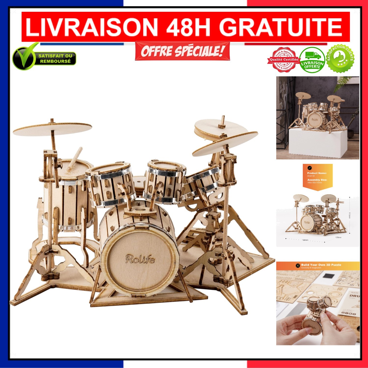 Puzzle 3D en bois de batterie de musique Rolife kit de 246 pièces miniatures