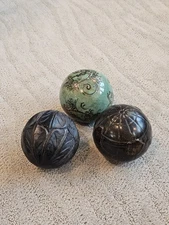 3 Decorative Balls Ornate Orbs Spheres 4"  Diameter Bluish Green Black