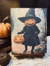 Vintage Style Halloween, Pumpkin Head Witch Handcrafted Flat Board Canvas