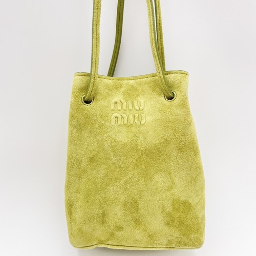 MIU MIU Suede Mini Bucket Shoulder Bag Green Logo Embossed
