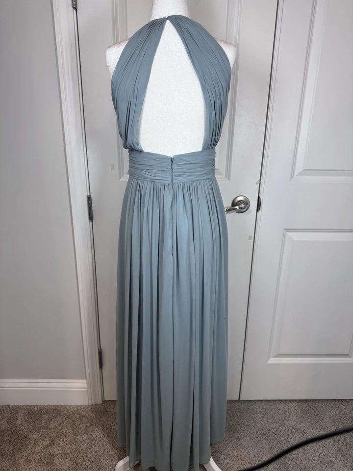 Maxi Vestido Halter de Gasa Colección Dessy Dama de honor Azul Baile de graduación 8 Vestido Formal Foto 3 de 4