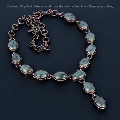 Copper Oval Natural Moss Prehnite Electroformed Chain Wedding Necklace Jewelry