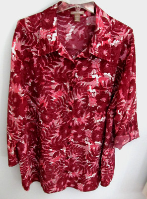 White Stag Blouse Top Womens 2X 18/20W Maroon Pink Floral Roll Tab Slv Button-Up