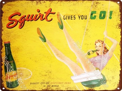 Squirt Soda Cola Bottle Girl legs Swing Gives you go Metal Sign 9x12'' A856