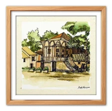 Original Pen & Ink Watercolor Drawing – Hand Drawn Landscape – Signed，14 x 14 in