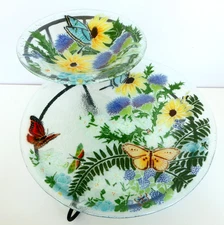 Peggy Karr 2 Tier Stand Butterflies Flower Fused Glass 13.5" Platter & 8.5" Bowl