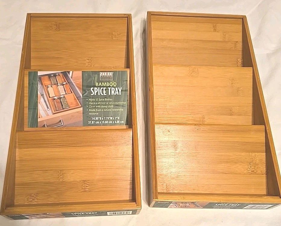 2 Seville Classics 3-Tier Bamboo Wood Spice Rack Drawer Tray Organizer-READ