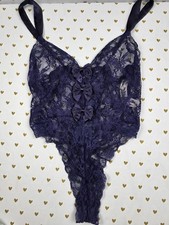 Victorias Secret VINTAGE Gold Label Teddy Lace Blue Sheer Lingerie Medium Thong