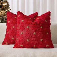 Christmas Pillow Covers 20x20 Inch Set of 2, Red Christmas Tree Faux Fur-NEW-X