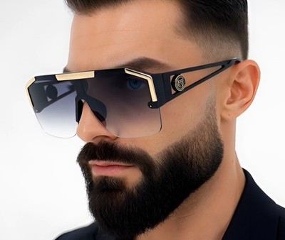 Men Luxury Oversized Black / Gold Half Rim Square Black Lens Sunglasses Eyewear