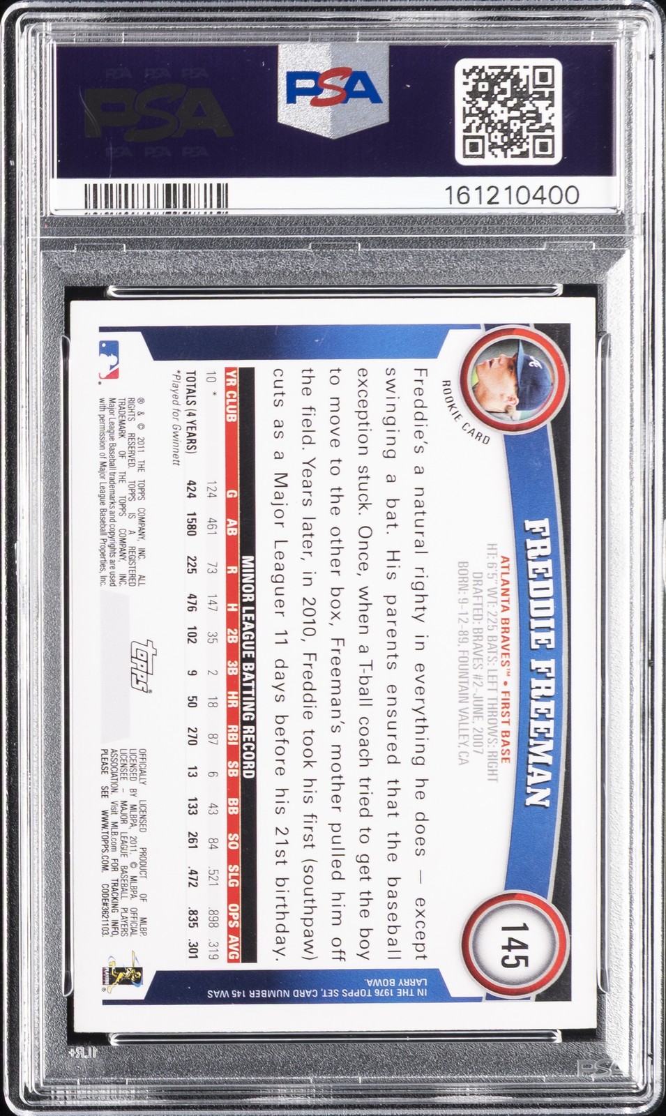 2011 TOPPS COGNAC DIAMOND ANNIVERSARY #145 FREDDIE FREEMAN ROOKIE RC PSA 8 view 2