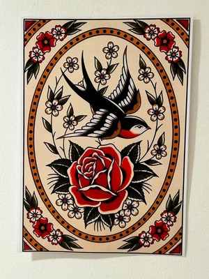Schwalbe & Rose Kunstdruck A4 traditionell Tattoo Stil Blumen Vogel Wanddeko Goth