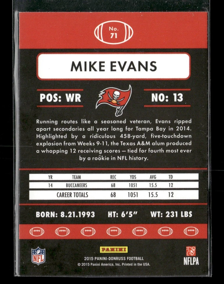 2015 Donruss #71 Mike Evans Tampa Bay Buccaneers - Image 2 of 2