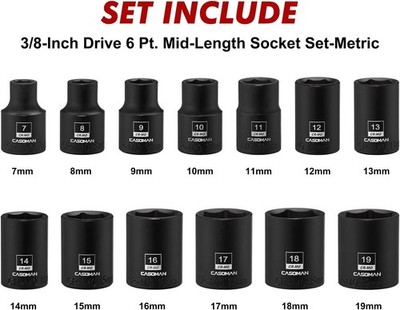 13 PCS 3/8''Drive Magnetic Socket Set Shallow 6-Point Metric 7Mm to 19Mm CR-MO