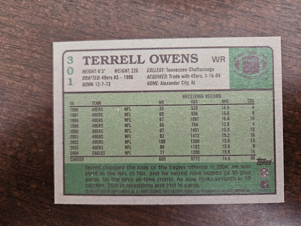 2005 Topps Heritage Football # 301 Terrell Owens  - NM - Image 2 of 2