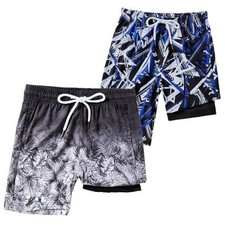 2 Pack Boys 2 in 1 Swim Trunks Boxer Brief Liner Compression Swimming 5-6 Leaf