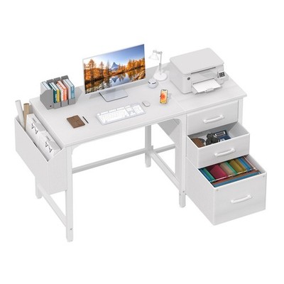 White Desk with File Drawers Cabinet, 47 Inch Reversible Computer Desk with F...
