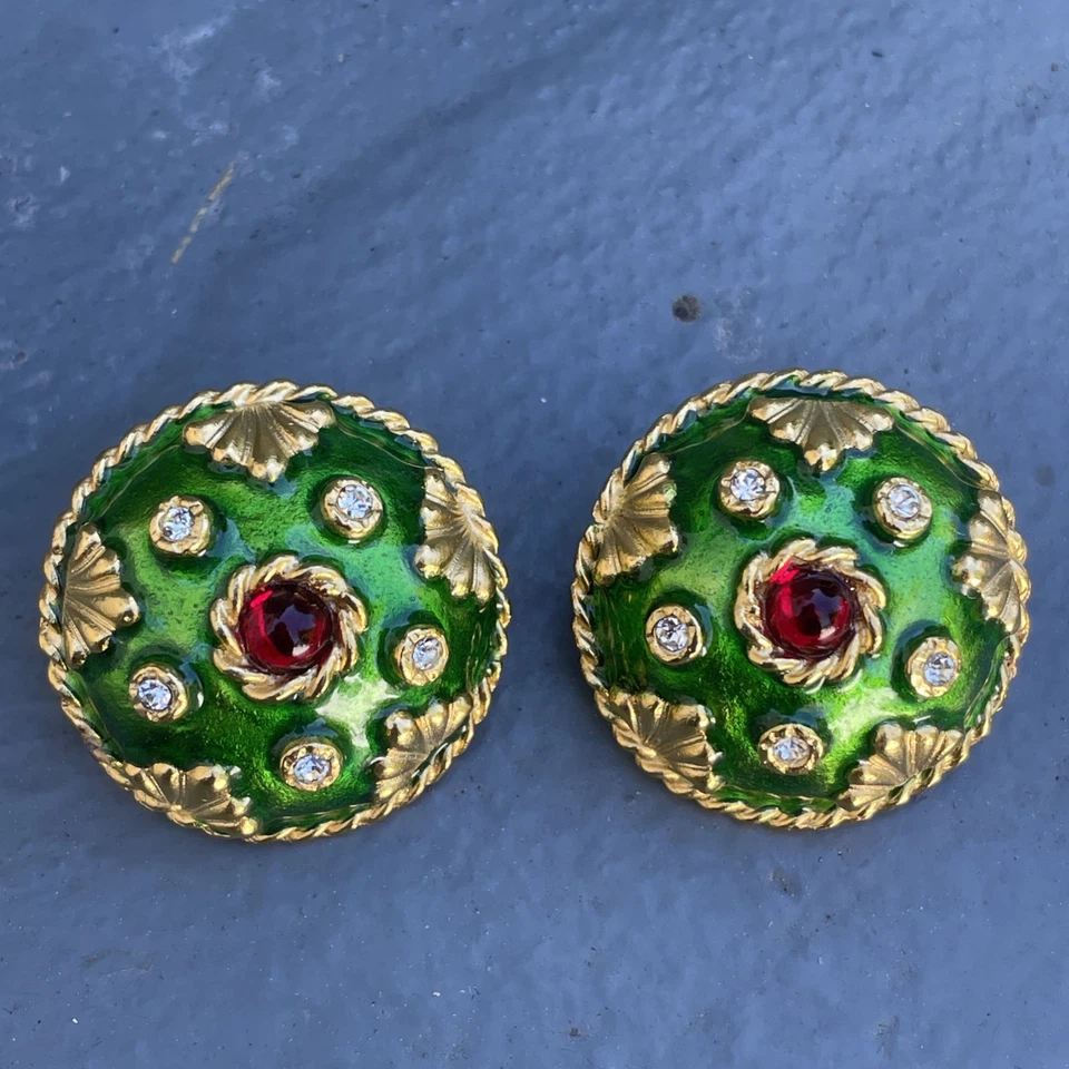 Hermosos Pendientes Vintage Bijoux Yosca Esmalte Verde Tono Dorado Clip En RARO Foto 2 de 4