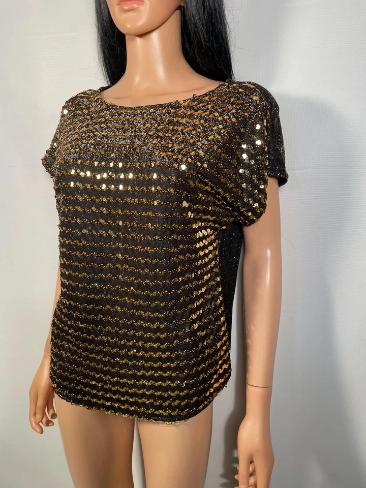 Top Vintage Años 80/90 Lentejuelas Doradas Hecho en EE. UU. Talla L Foto 2 de 4