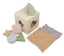Silicone Shape Sorter & Tissue Box Toy with Organic Muslin Cotton Cloths - Ba...