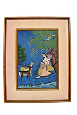 Antico Indiano Miniatura Pittura Woman da Gioco Flauto Deer Natura Scena Tessuto