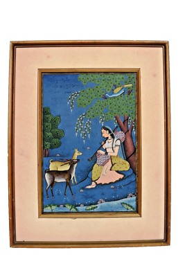 Antique Indian Miniature Painting Woman Playing Flute Deer Nature