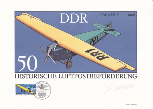 GDR 1991 - POSTER F.TO 30x21 FOKKER F III 1922 HISTORICAL AIRMAIL REQUIREMENTS