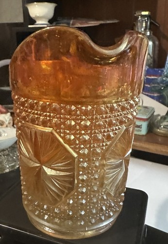 Imperial Carnival Glass Iridescent Marigold Star Medallion Vintage Small Pitcher - Picture 3 of 5